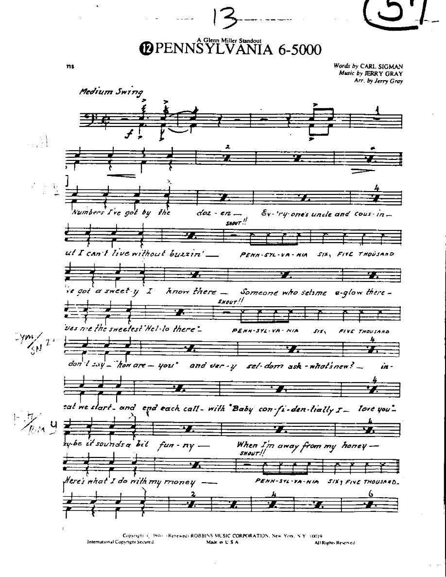 Circle 57-Pennsylvania 6-5000-Drums — Small Ensemble sheet music arranged by Mr. X | Swing