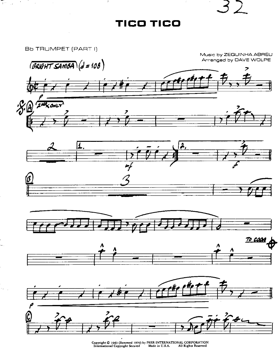 Tico Tico-Trumpet — Small Ensemble sheet music arranged by Mr. X | Samba