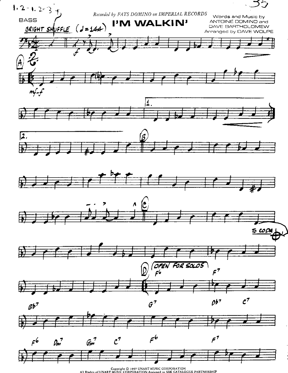 I'm Walkin'-Bass — Small Ensemble sheet music arranged by Mr. X | R&B