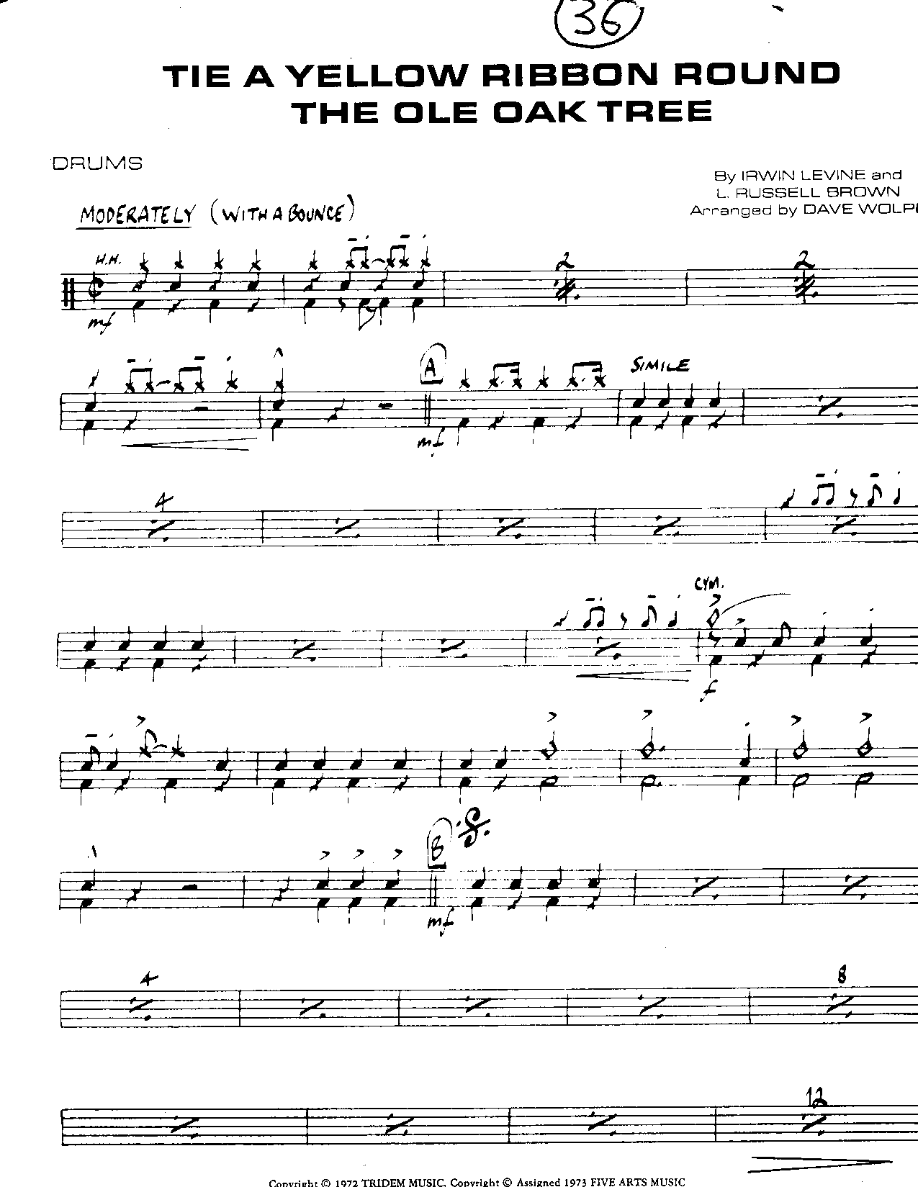 Tie a Yellow Ribbon-Drums — Small Ensemble sheet music arranged by Mr. X | Pop