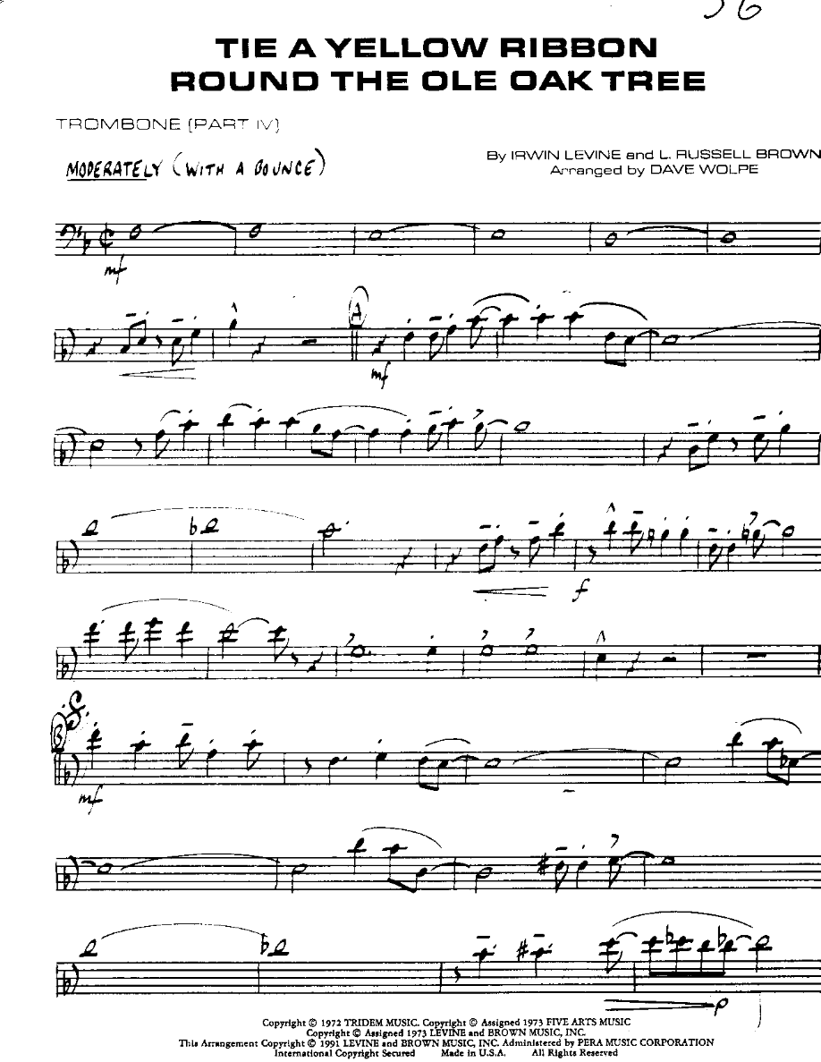 Tie a Yellow Ribbon-Trombone — sheet music cover (first page)