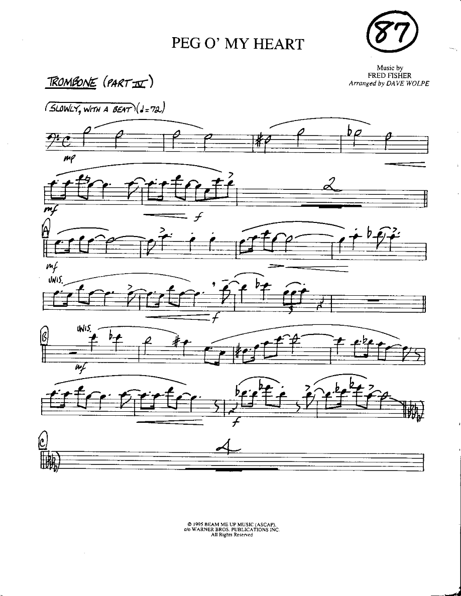 Circle 87-Peg 'O my Heart-Trombone — Small Ensemble sheet music arranged by Mr. X | Jazz Standard