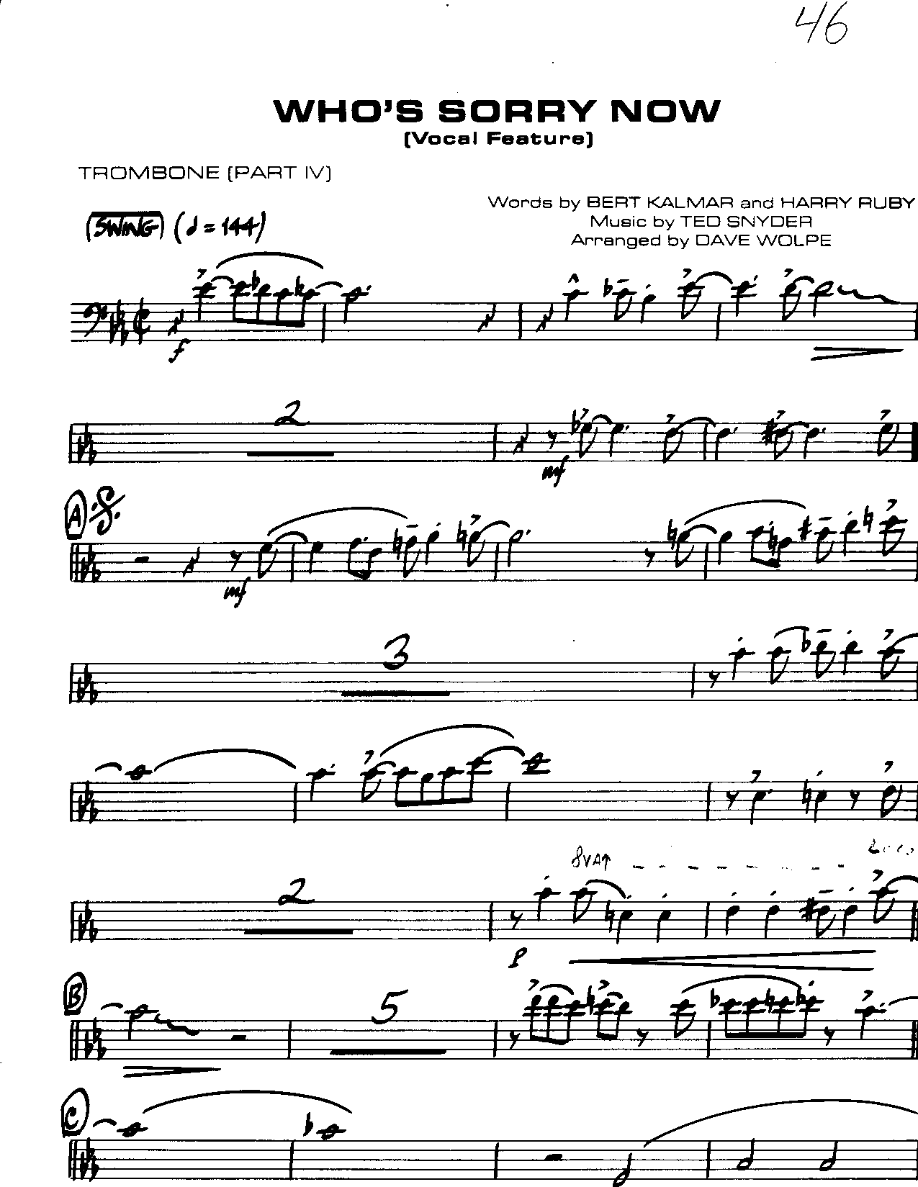 Who's Sorry Now-Trombone — Small Ensemble sheet music arranged by Mr. X | Jazz Standard