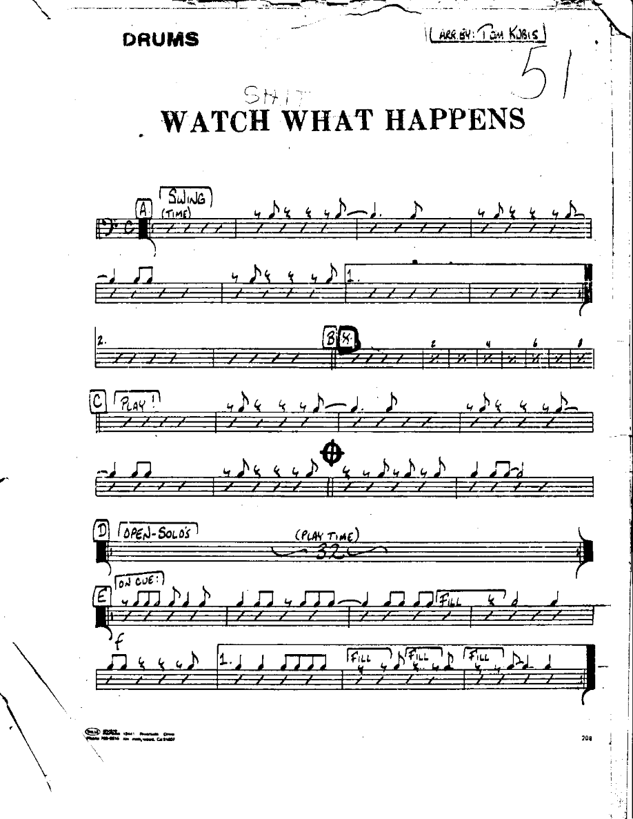 Watch what Happens-Drums — sheet music cover (first page)