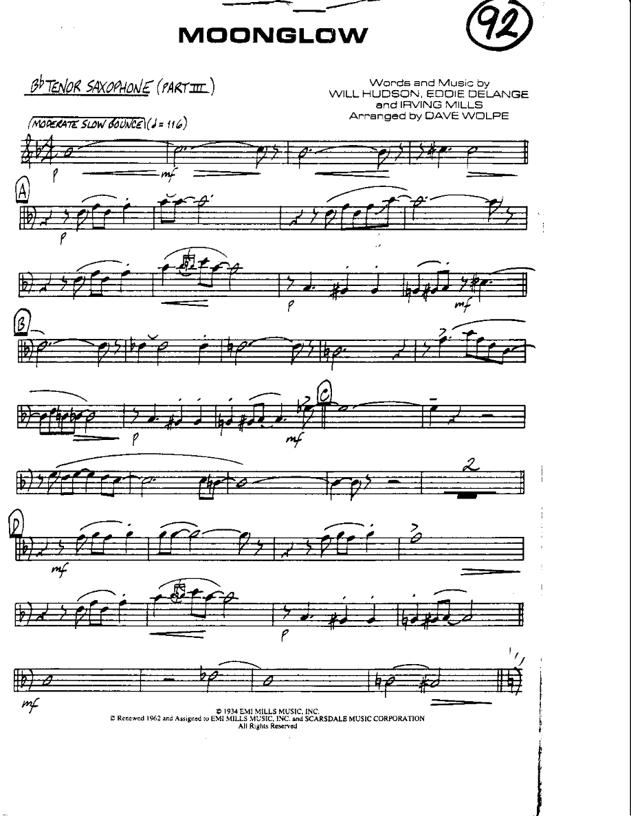 Circle 92-Moonglow-Tenor — sheet music cover (first page)