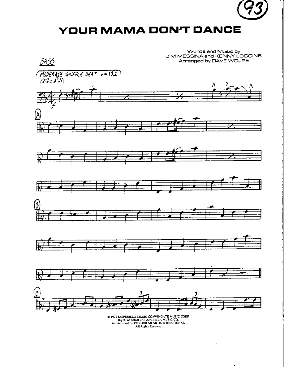 Circle 93-Your Mama don't Dance-Bass — Small Ensemble sheet music by Mr. X | Rock