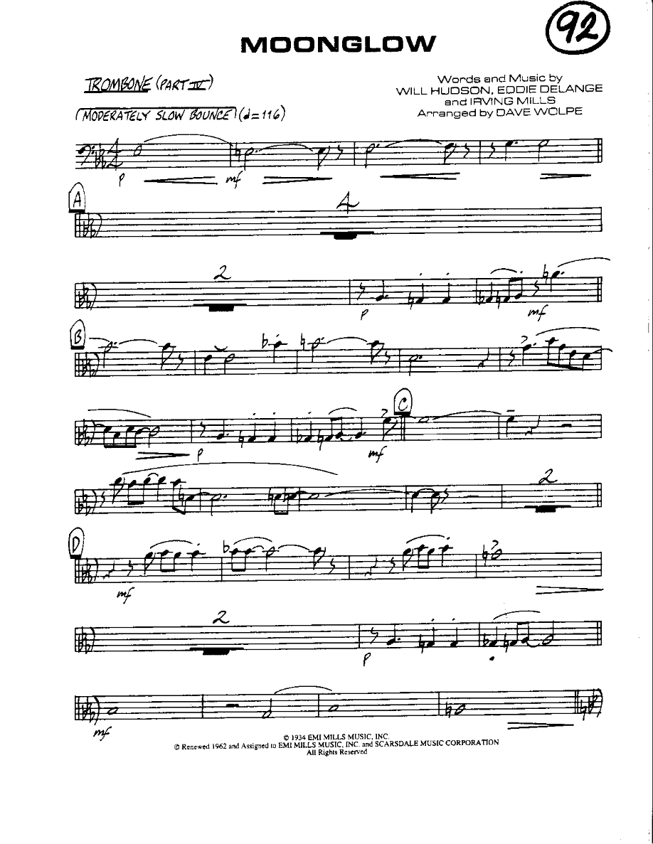Circle 92-Moonglow-Trombone — sheet music cover (first page)