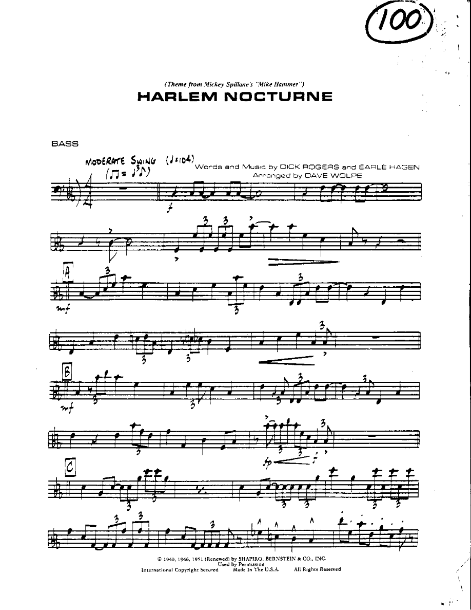 Circle 100-Harlem Nocturne-Bass — Small Ensemble sheet music arranged by Mr. X | Swing