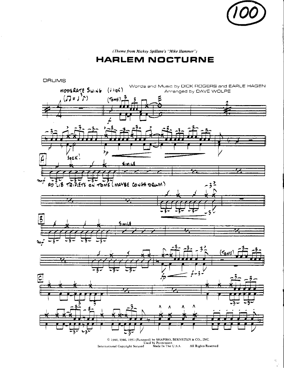 Circle 100-Harlem Nocturne-Drums — sheet music cover (first page)