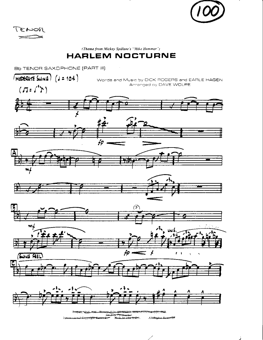 Circle 100-Harlem Nocturne-Tenor — sheet music cover (first page)