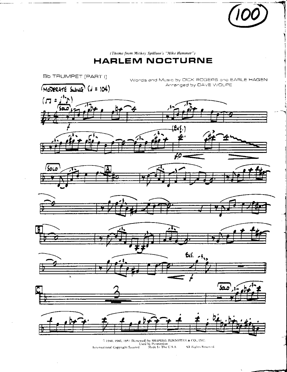 Circle 100-Harlem Nocturne-Trumpet — Small Ensemble sheet music arranged by Mr. X | Swing