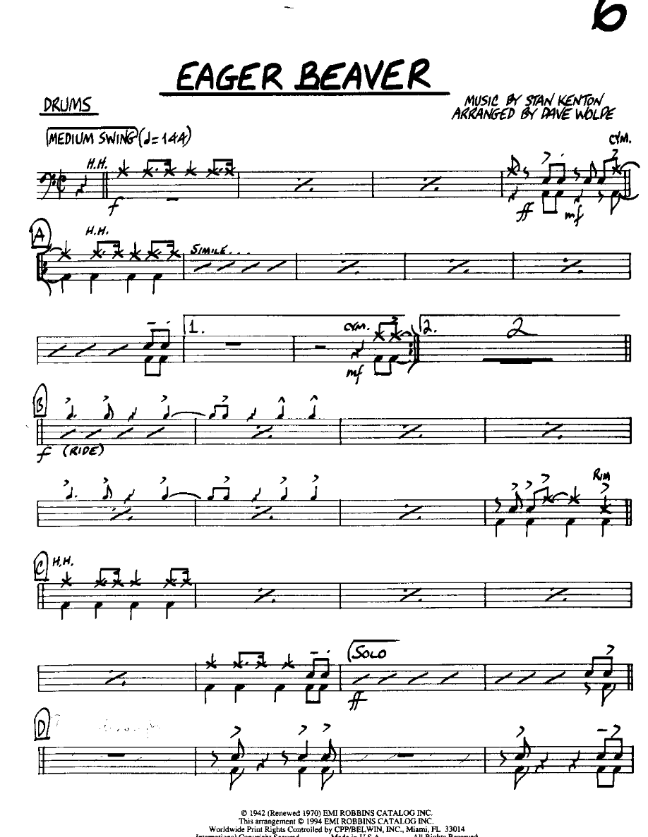 Eager Beaver-Drums — sheet music cover (first page)