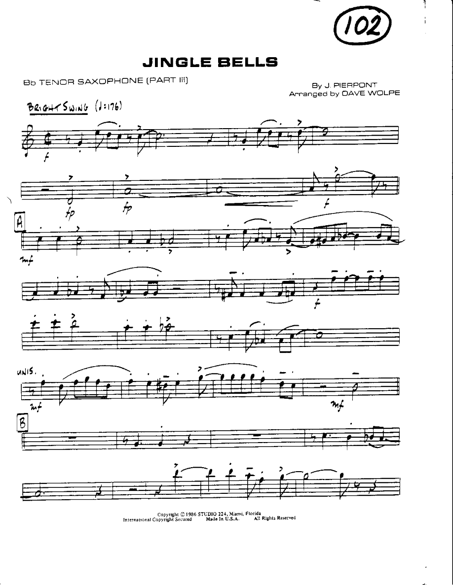 Circle 102-Jingle Bells-Tenor — sheet music cover (first page)