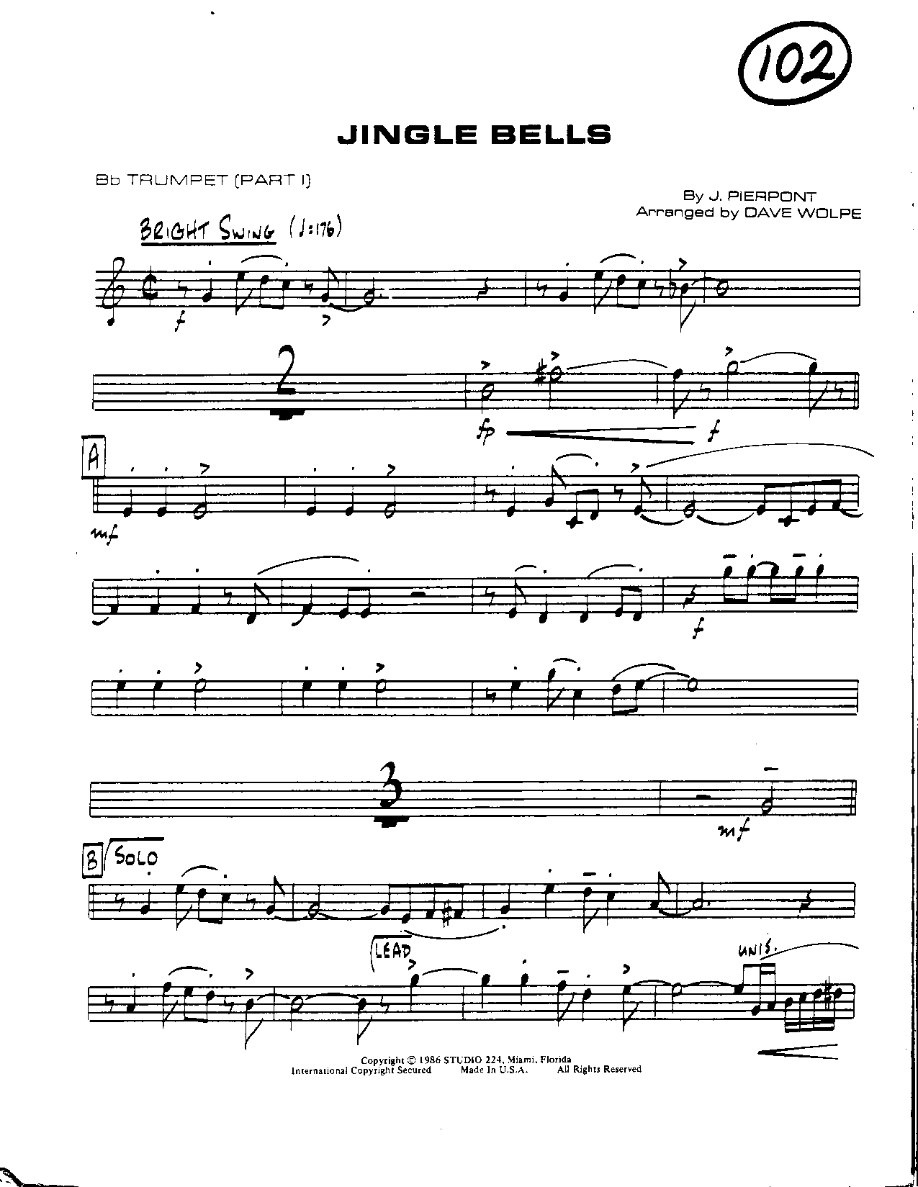 Circle 102-Jingle Bells-Trumpets — sheet music cover (first page)