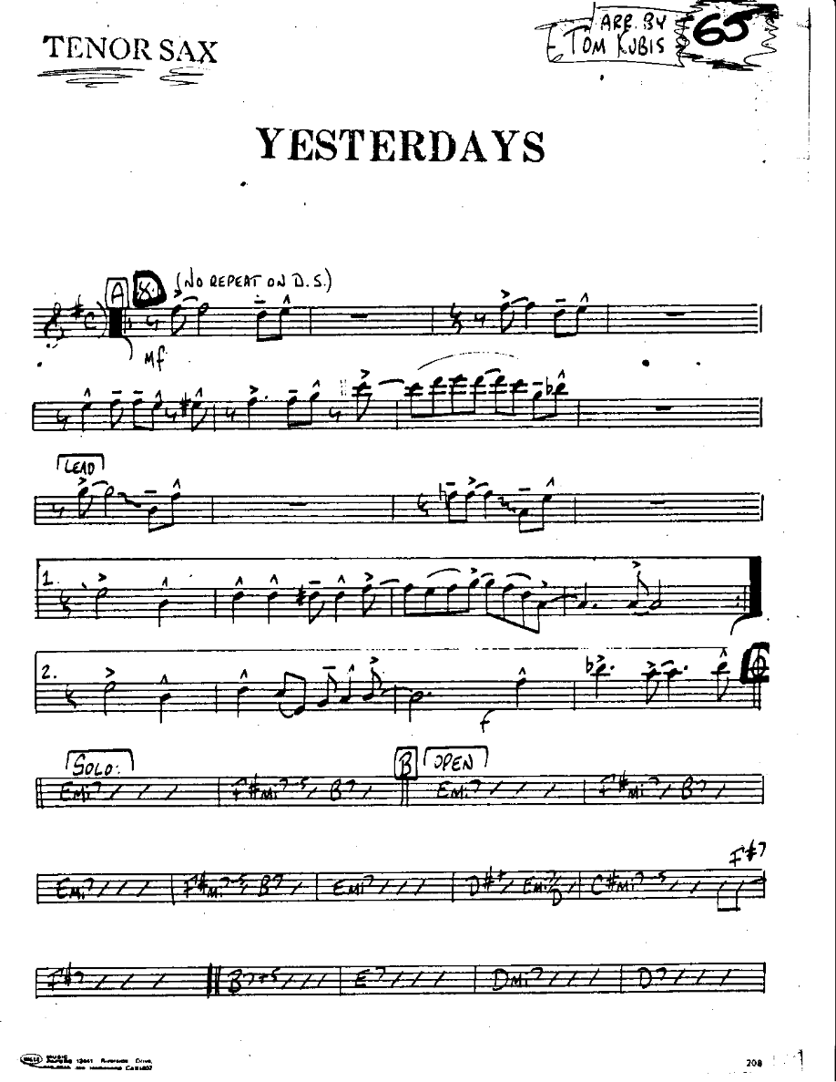 Yesterdays-Tenor — sheet music cover (first page)