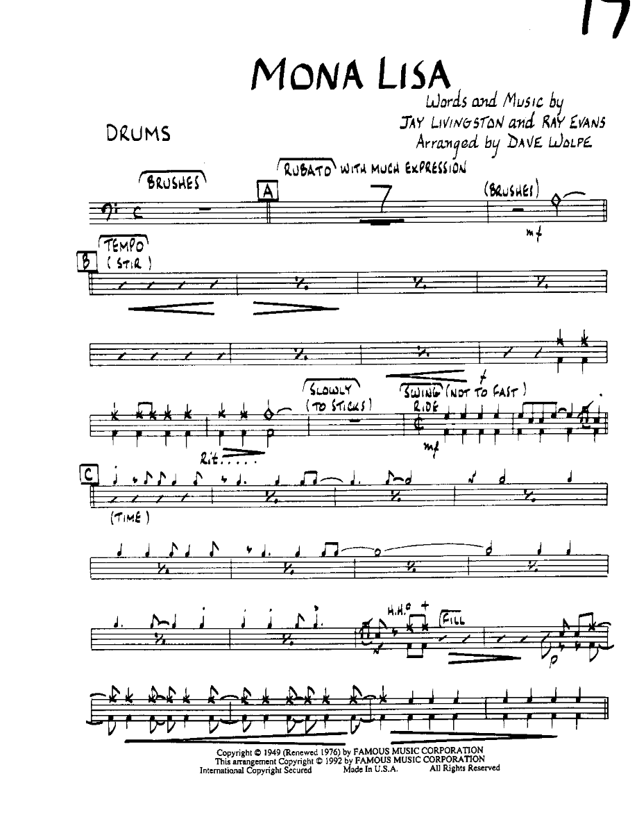 Mona Lisa-Drums — sheet music cover (first page)
