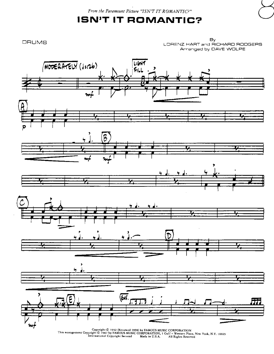 Isn't it Romantic-Drums — sheet music cover (first page)