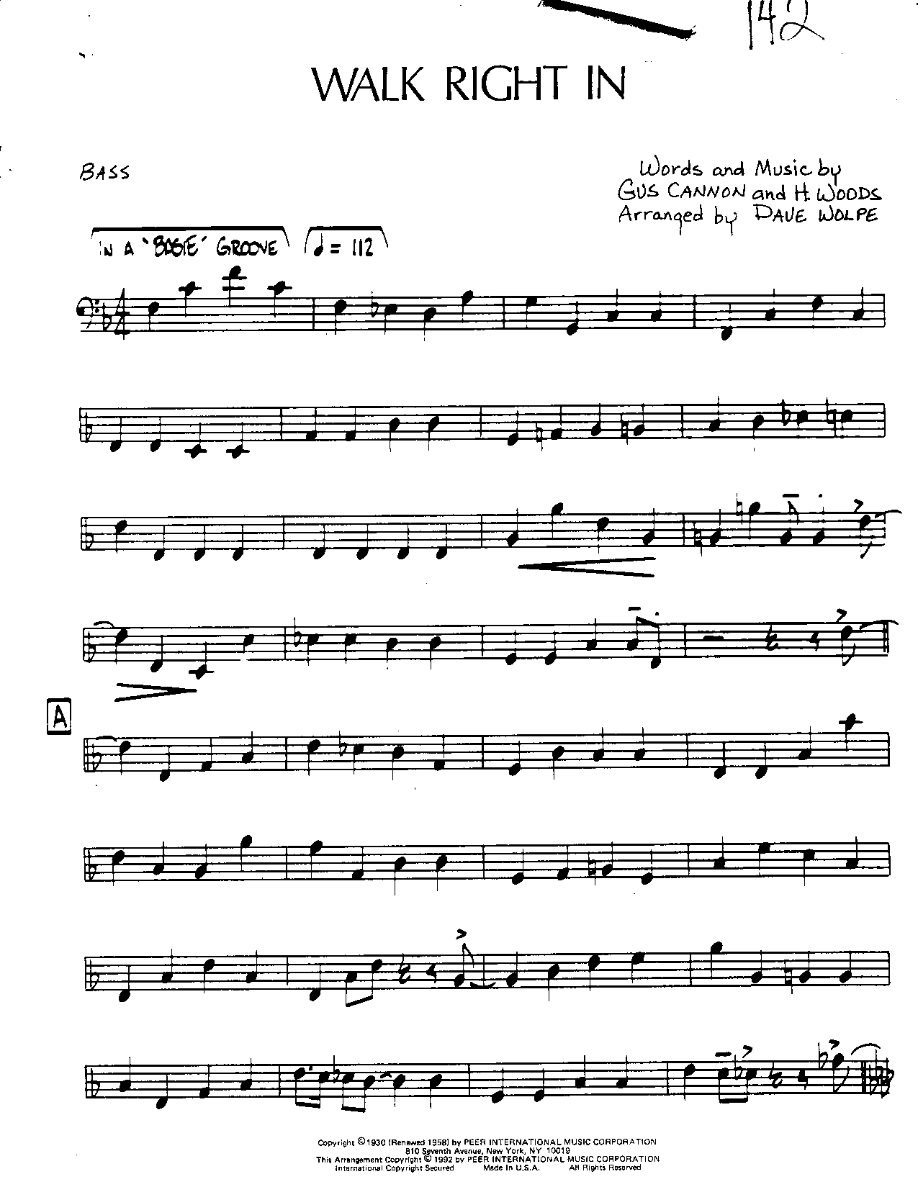 Walk right in-Bass — Small Ensemble sheet music arranged by Mr. X | Blues