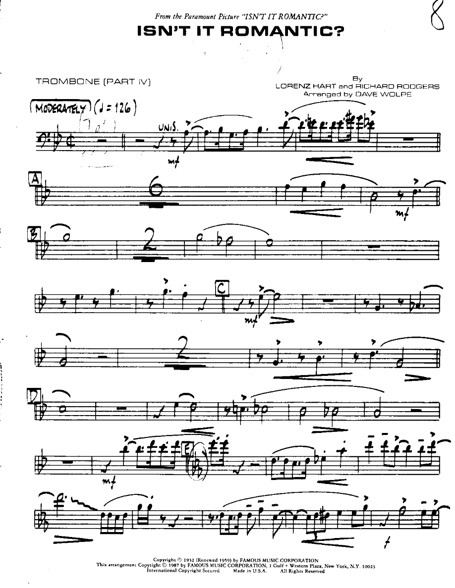 Isn't it Romantic-Trombone — Small Ensemble sheet music arranged by DAVE WOLPE | Jazz Standard