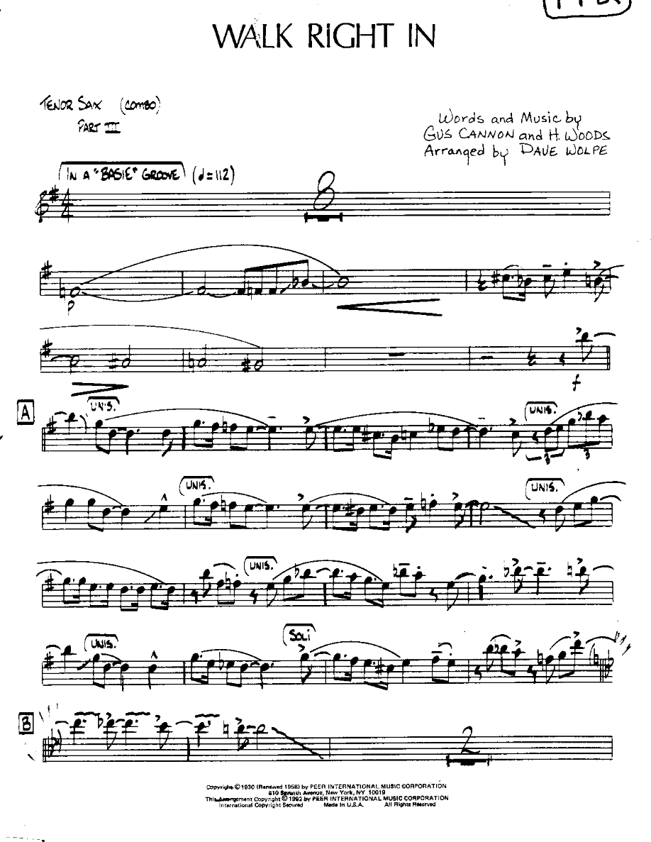 Walk right in-Tenor — sheet music cover (first page)