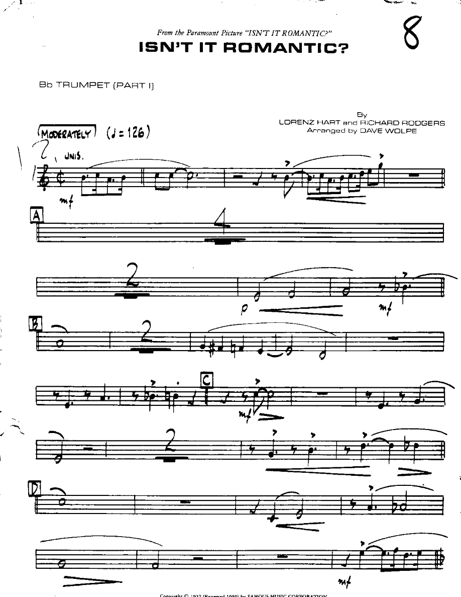 Isn't it Romantic-Trumpet — Small Ensemble sheet music arranged by DAVE WOLPE | Jazz Standard