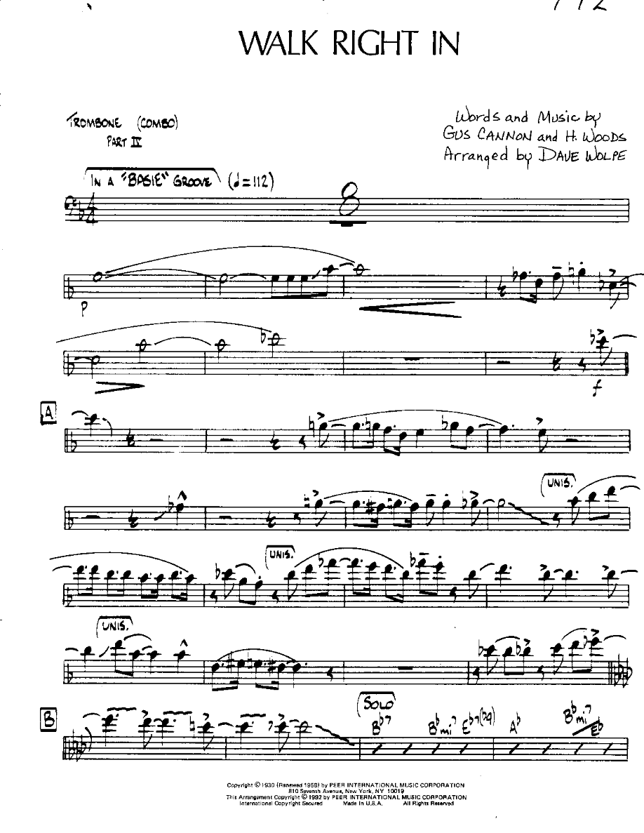 Walk right in-Trombone — sheet music cover (first page)