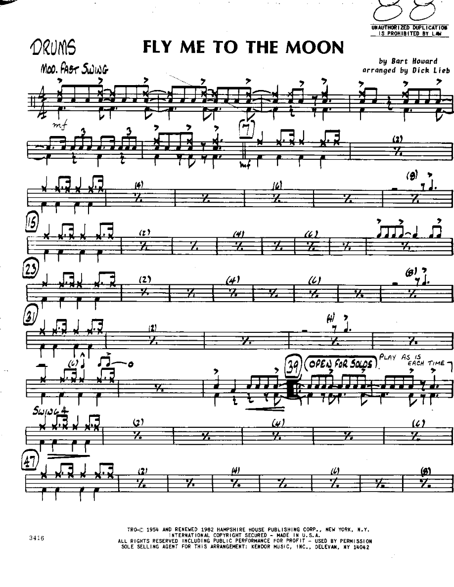 Fly me to the Moon-Drums — Small Ensemble sheet music arranged by Dick Lieb | Jazz Standard
