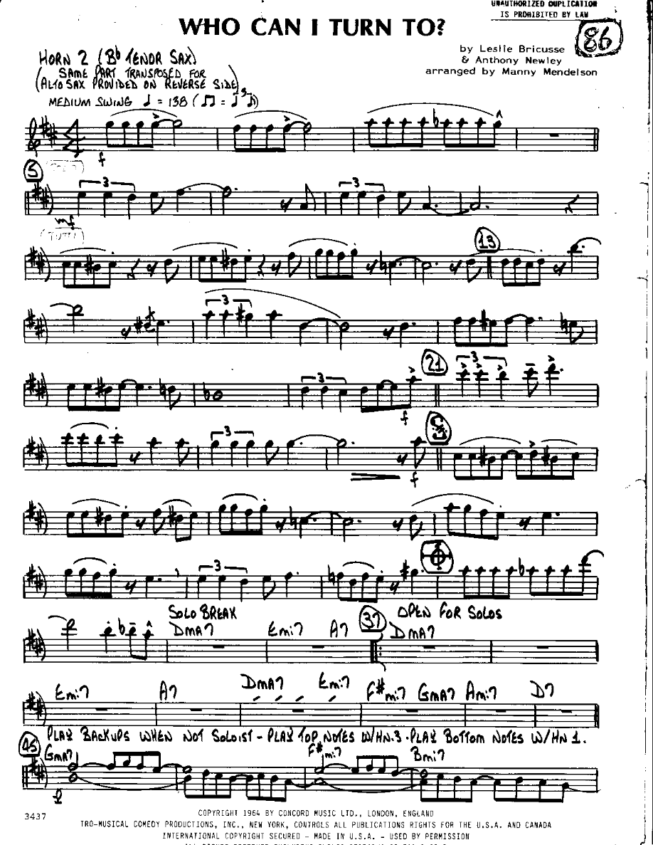 Who can I turn to-Tenor — Small Ensemble sheet music arranged by Manny Mendelson | Musical Theatre