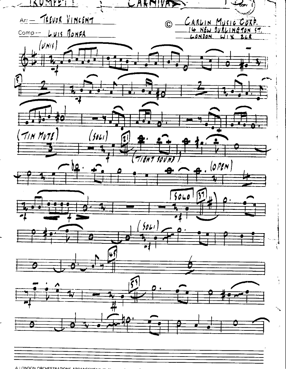 Carnival-Trumpet — Small Ensemble sheet music arranged by TREVOR VINCENT | Latin Jazz