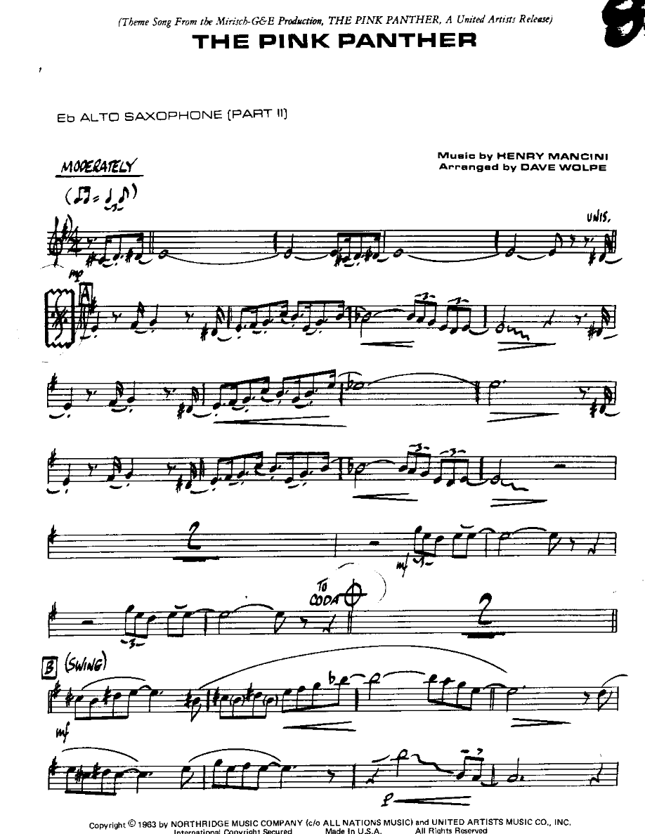 The Pink Panther-Alto — Small Ensemble sheet music arranged by DAVE WOLPE | Film Music