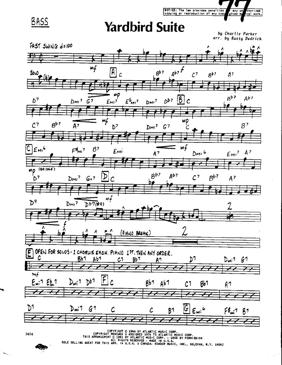 Yardbird Suite-Bass — sheet music cover (first page)