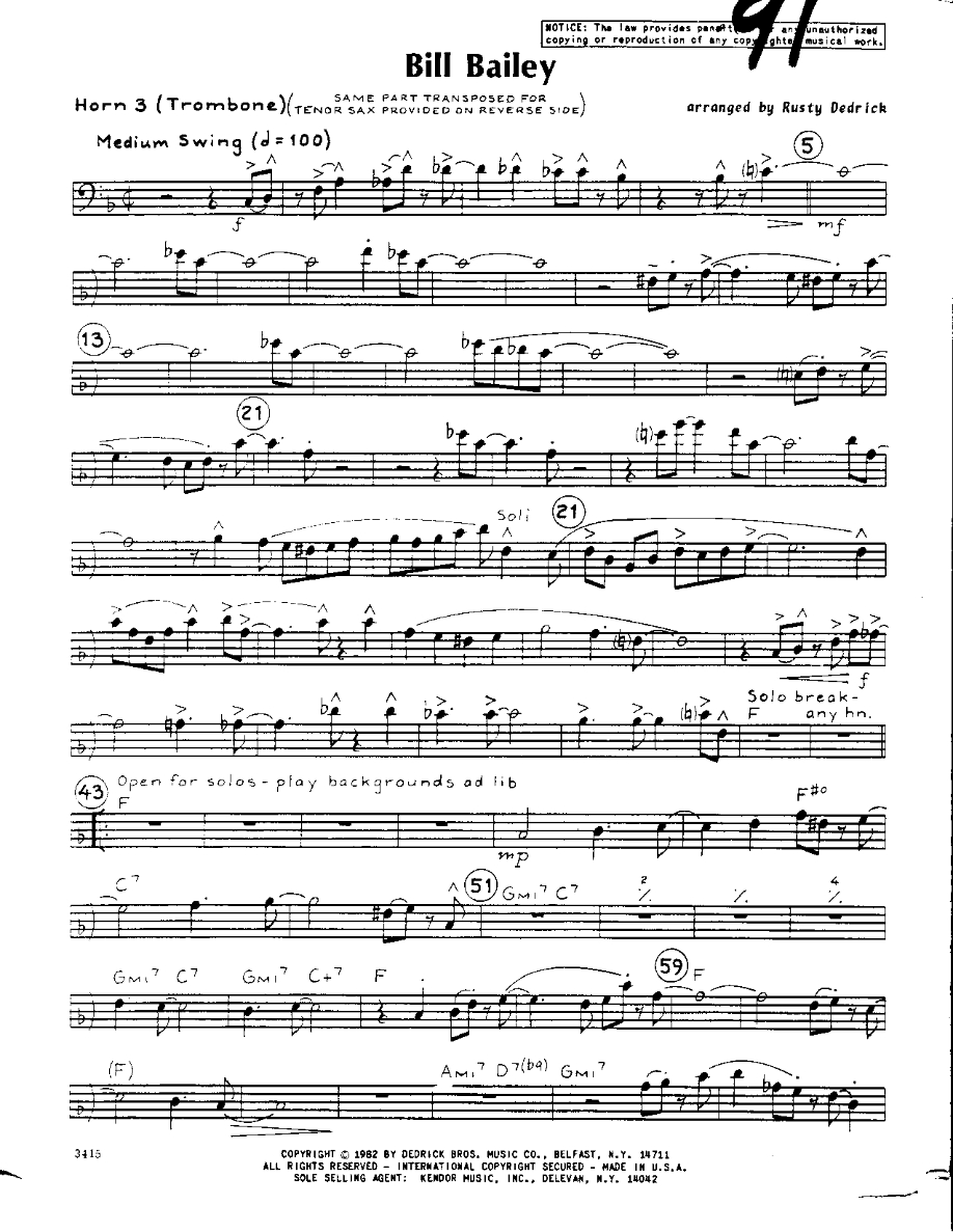 Bill Bailey-Trombone — sheet music cover (first page)