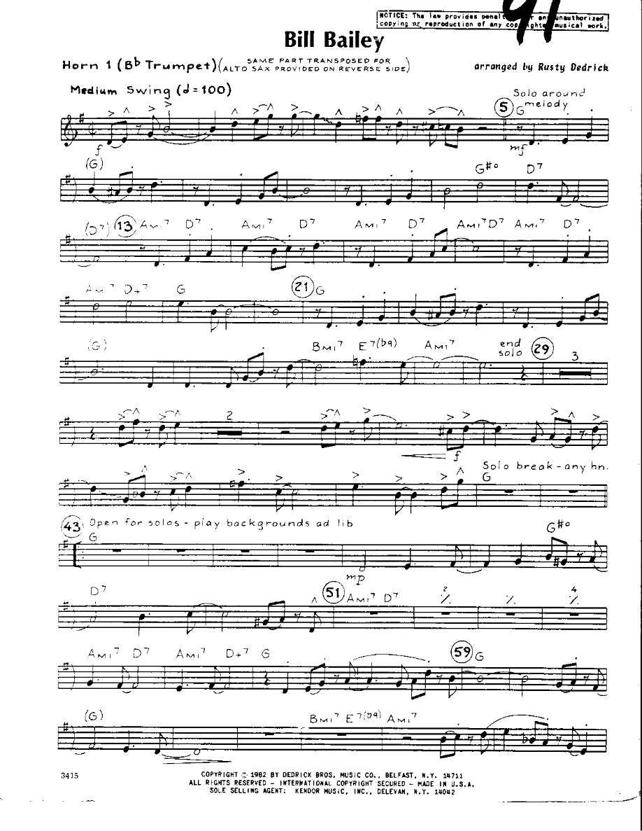 Bill Bailey-Trumpet — sheet music cover (first page)