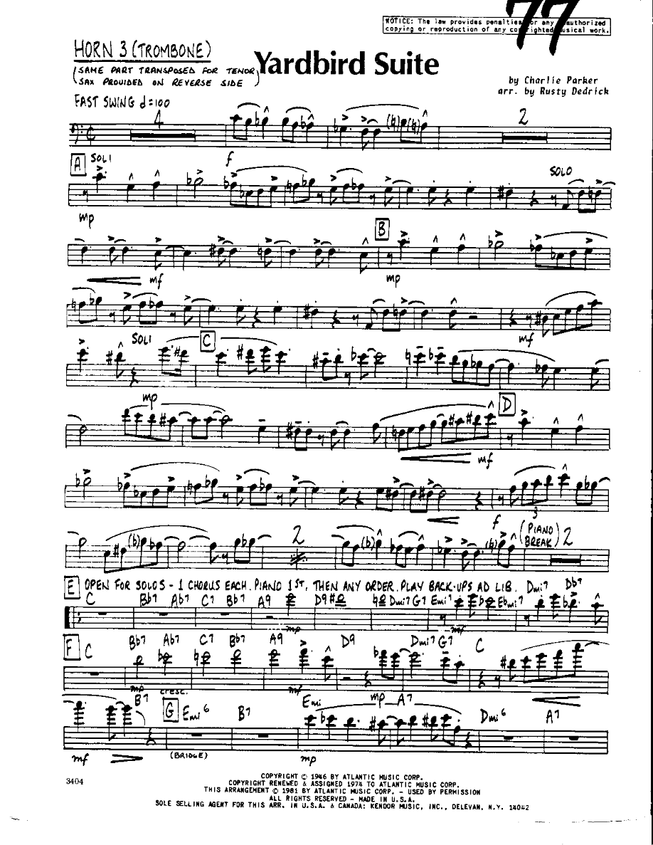 Yardbird Suite-Trombone — sheet music cover (first page)
