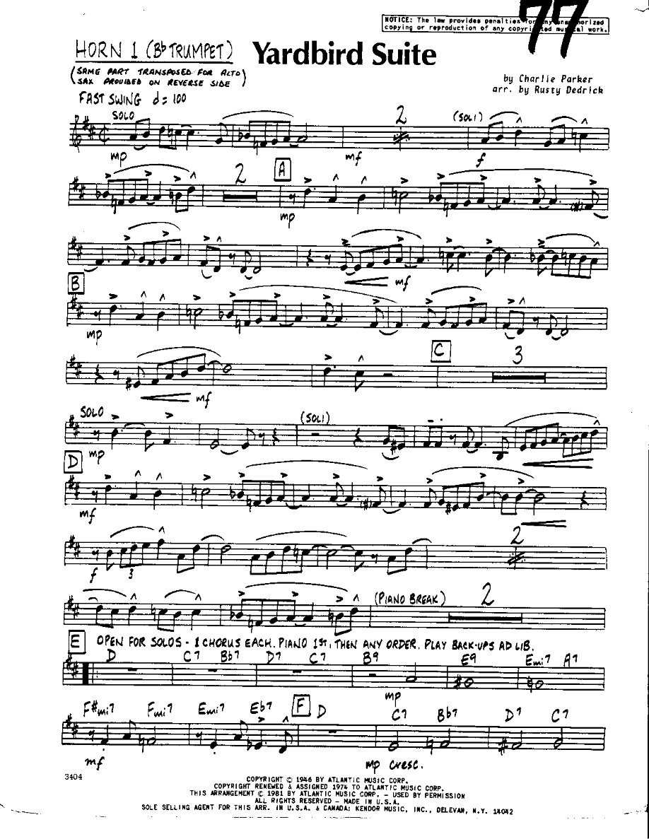 Yardbird Suite-Trumpet — sheet music cover (first page)