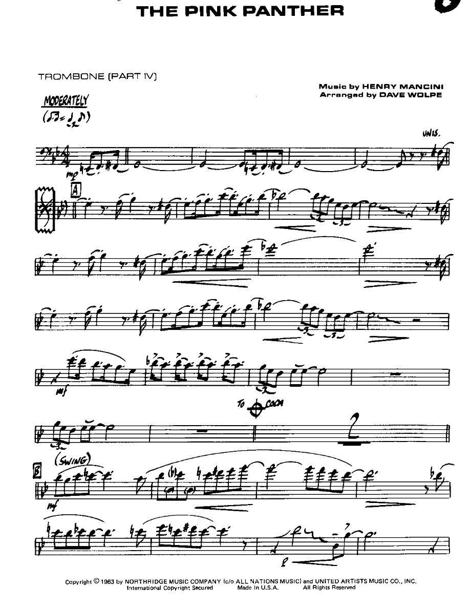 The Pink Panther-Trombone — Small Ensemble sheet music arranged by DAVE WOLPE | Film Music