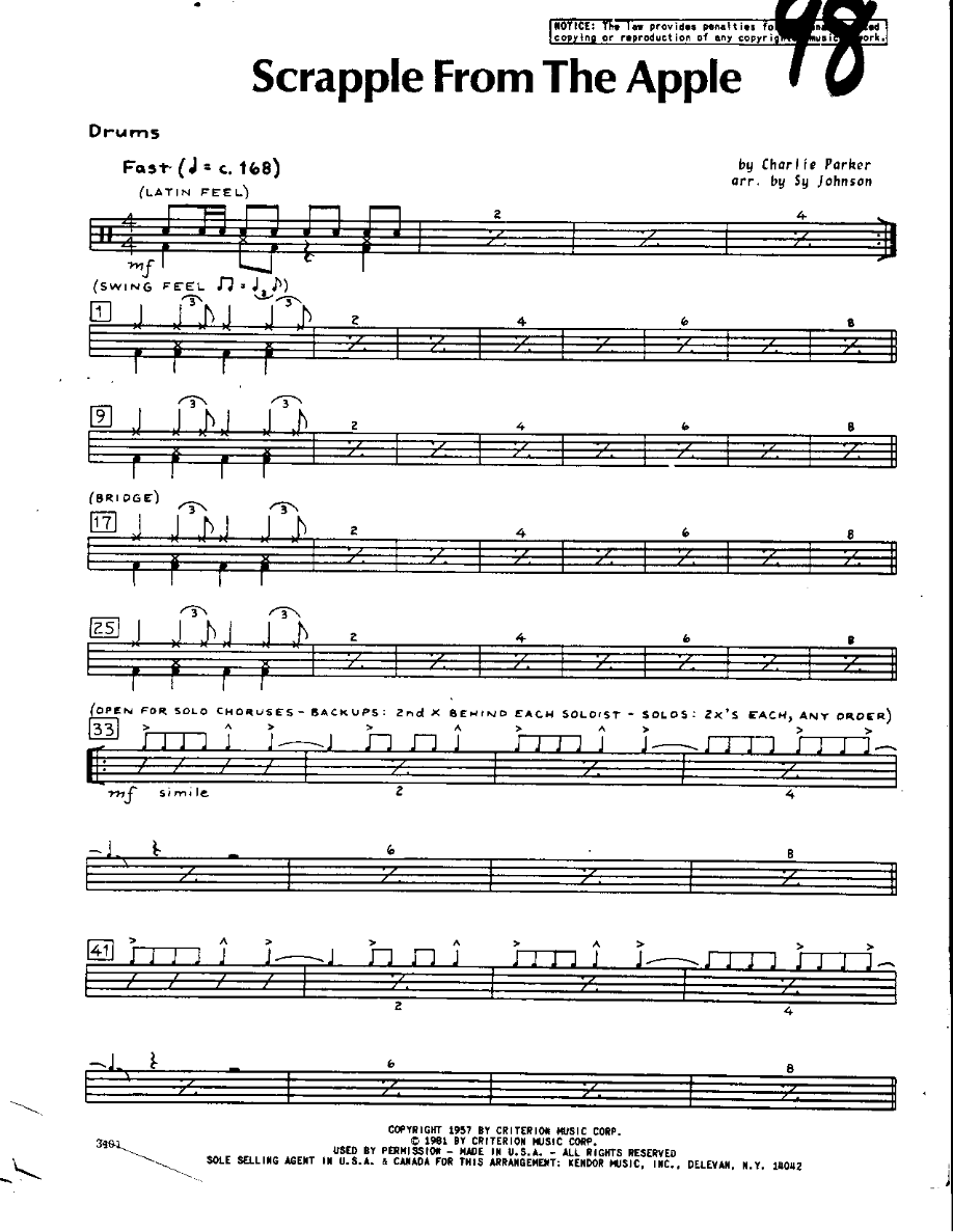Scrapple from the Apple-Drums — sheet music cover (first page)