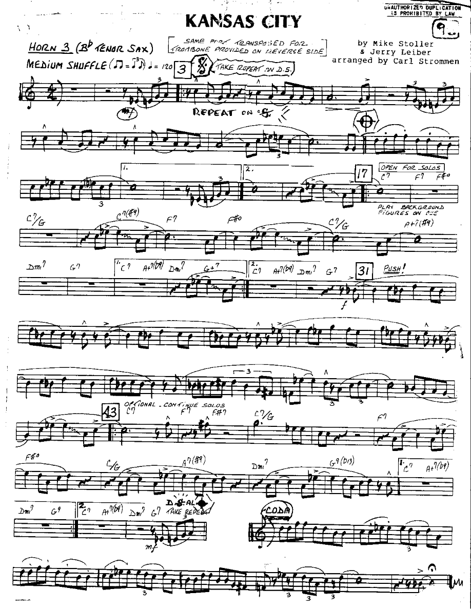 Kansas City-Tenor — Small Ensemble sheet music arranged by Carl Strommen | Blues