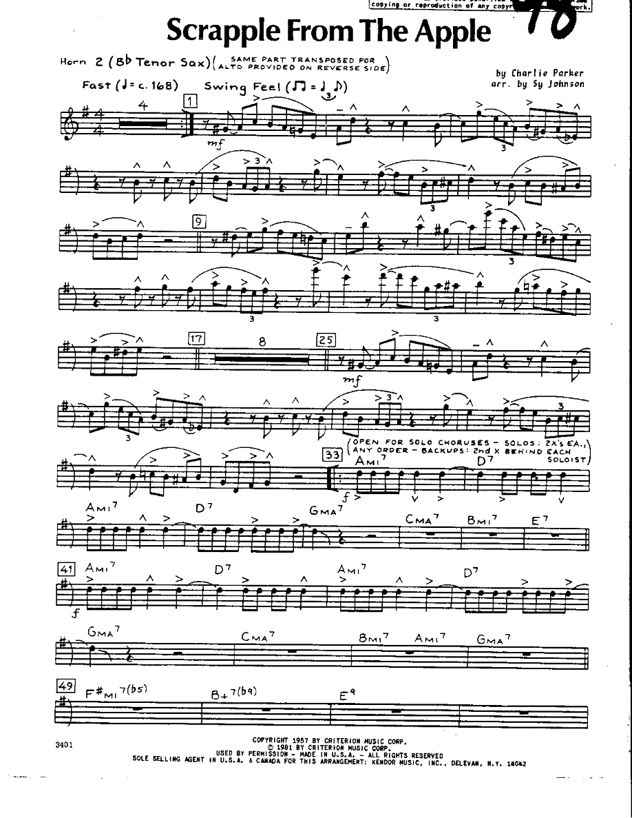 Scrapple from the Apple-Tenor — Small Ensemble sheet music arranged by Sy Johnson | Bebop