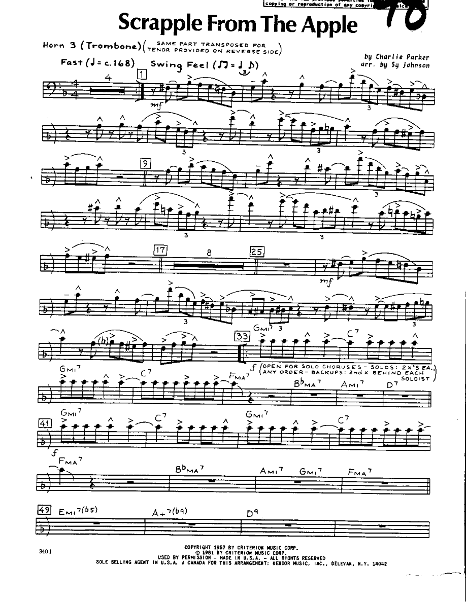 Scrapple from the Apple-Trombone — Small Ensemble sheet music arranged by Sy Johnson | Bebop