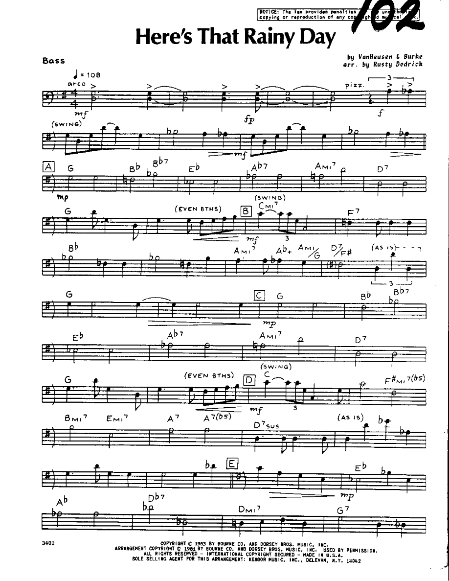 Here's that Rainy Day-Bass — sheet music cover (first page)