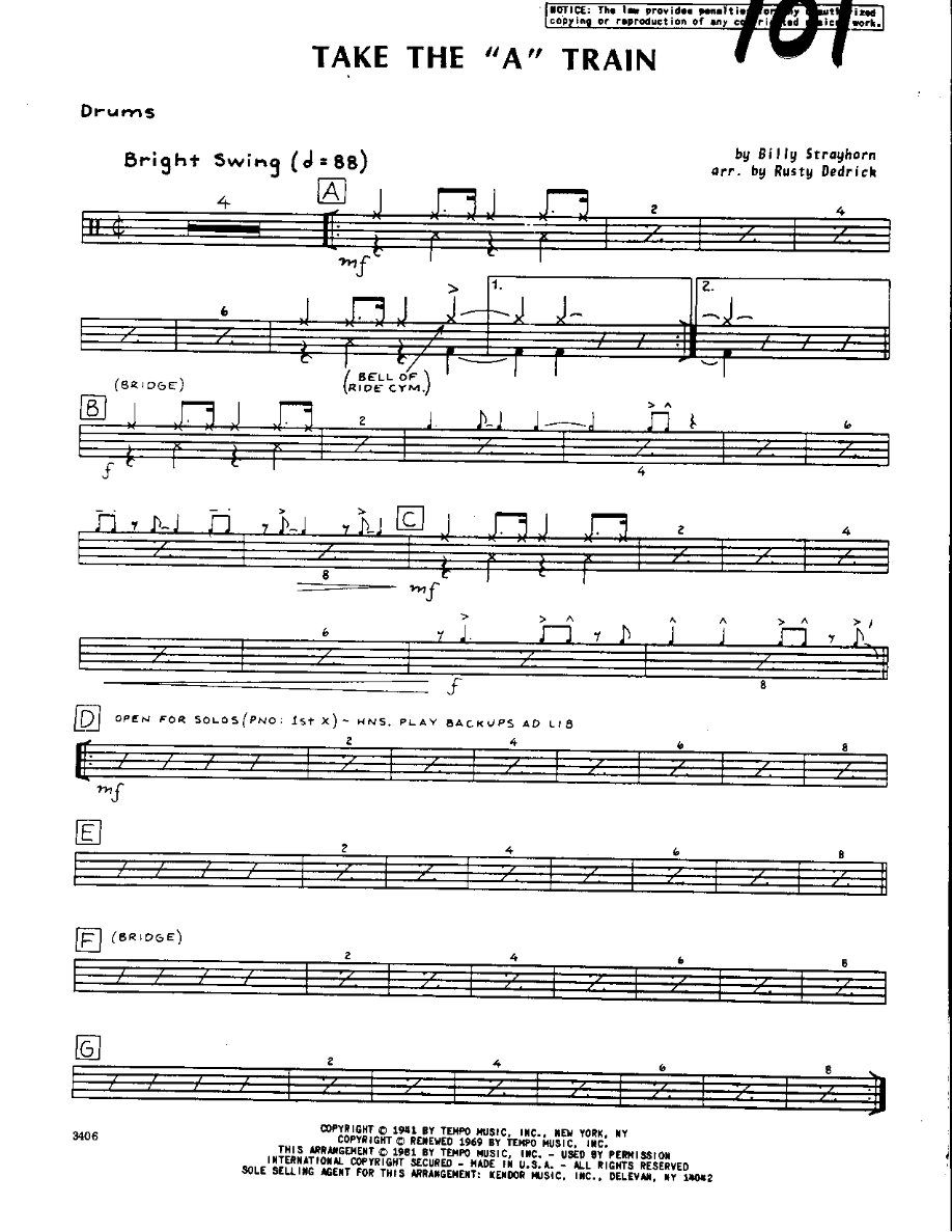 Take the A Train-Drums — Small Ensemble sheet music arranged by Rusty Dedrick | Swing
