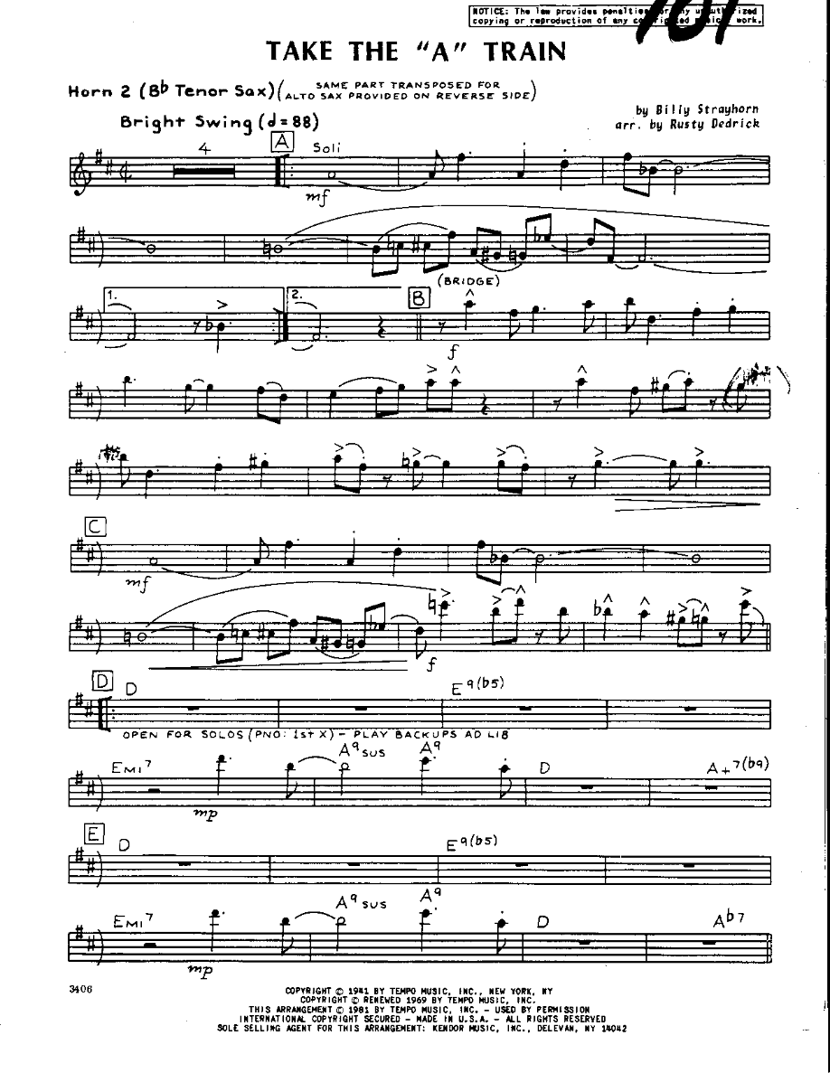 Take the A Train-Tenor — sheet music cover (first page)