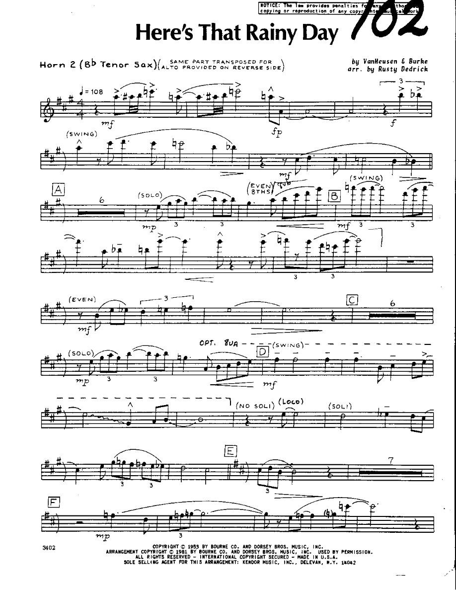 Here's that Rainy Day-Tenor — sheet music cover (first page)