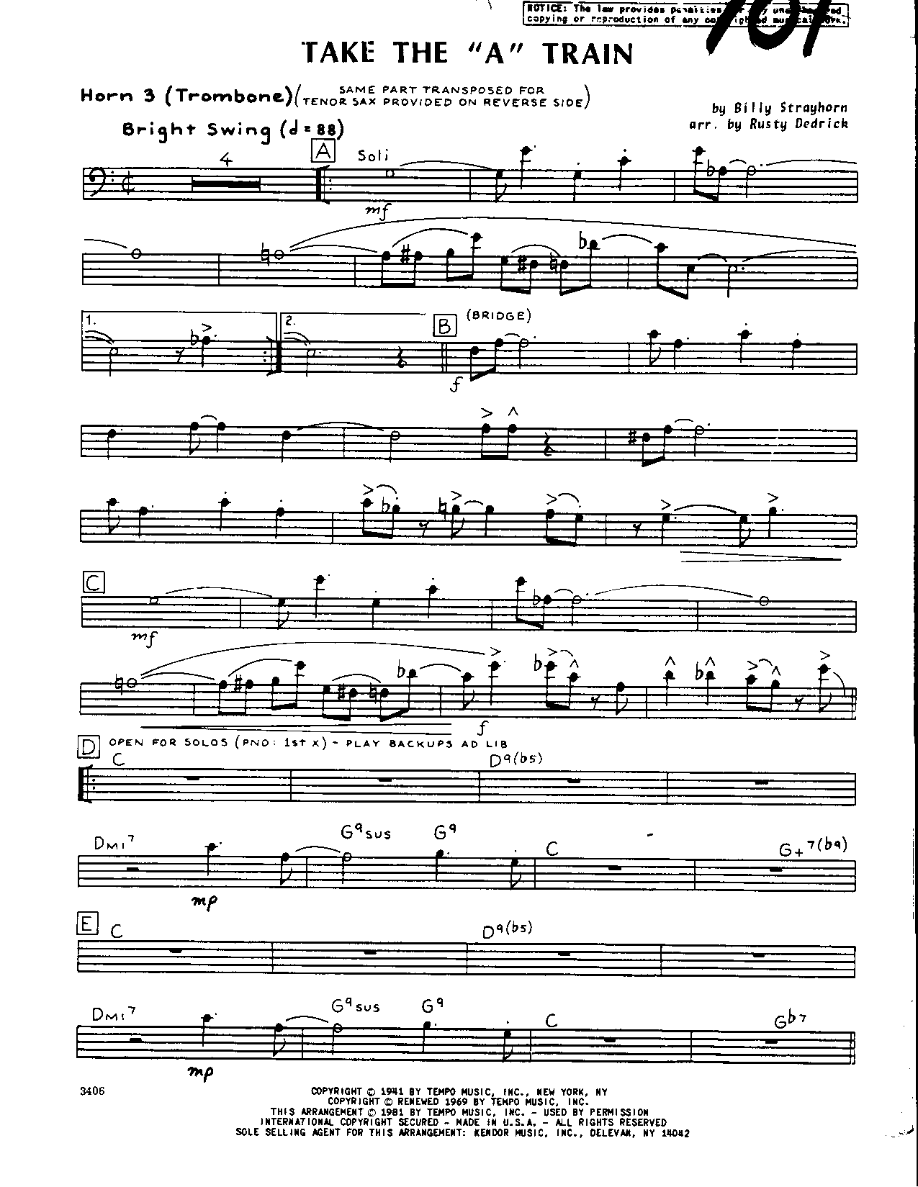Take the A Train-Trombone — sheet music cover (first page)