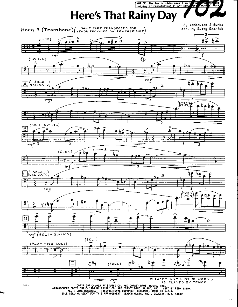 Here's that Rainy Day-Trombone — Small Ensemble sheet music arranged by Rusty Dedrick | Ballad