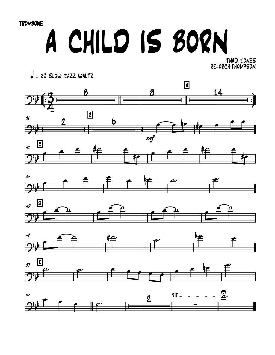 a child is born 01 TROMBONE — sheet music cover (first page)