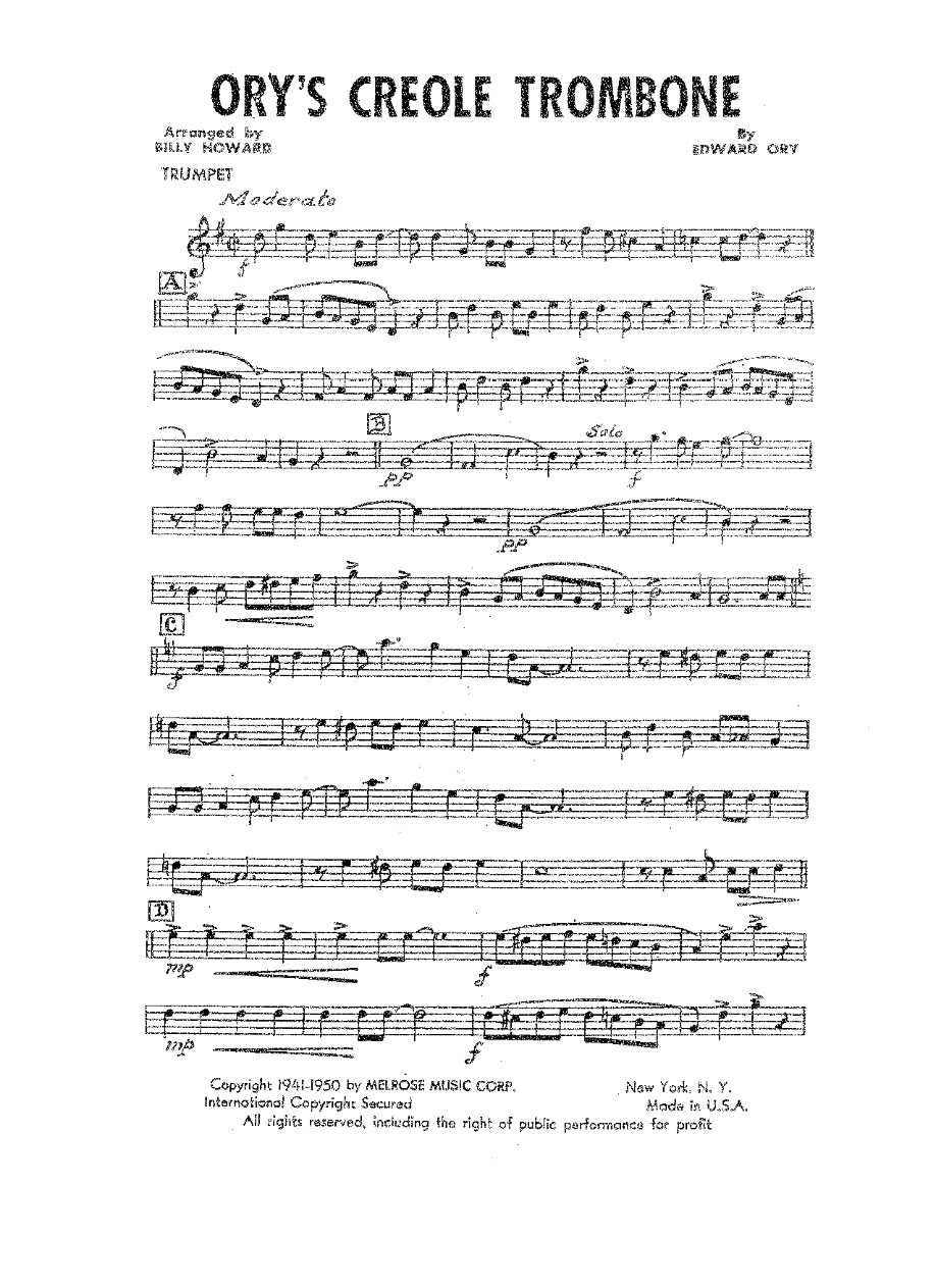 Ory's Creole Trombone — sheet music cover (first page)
