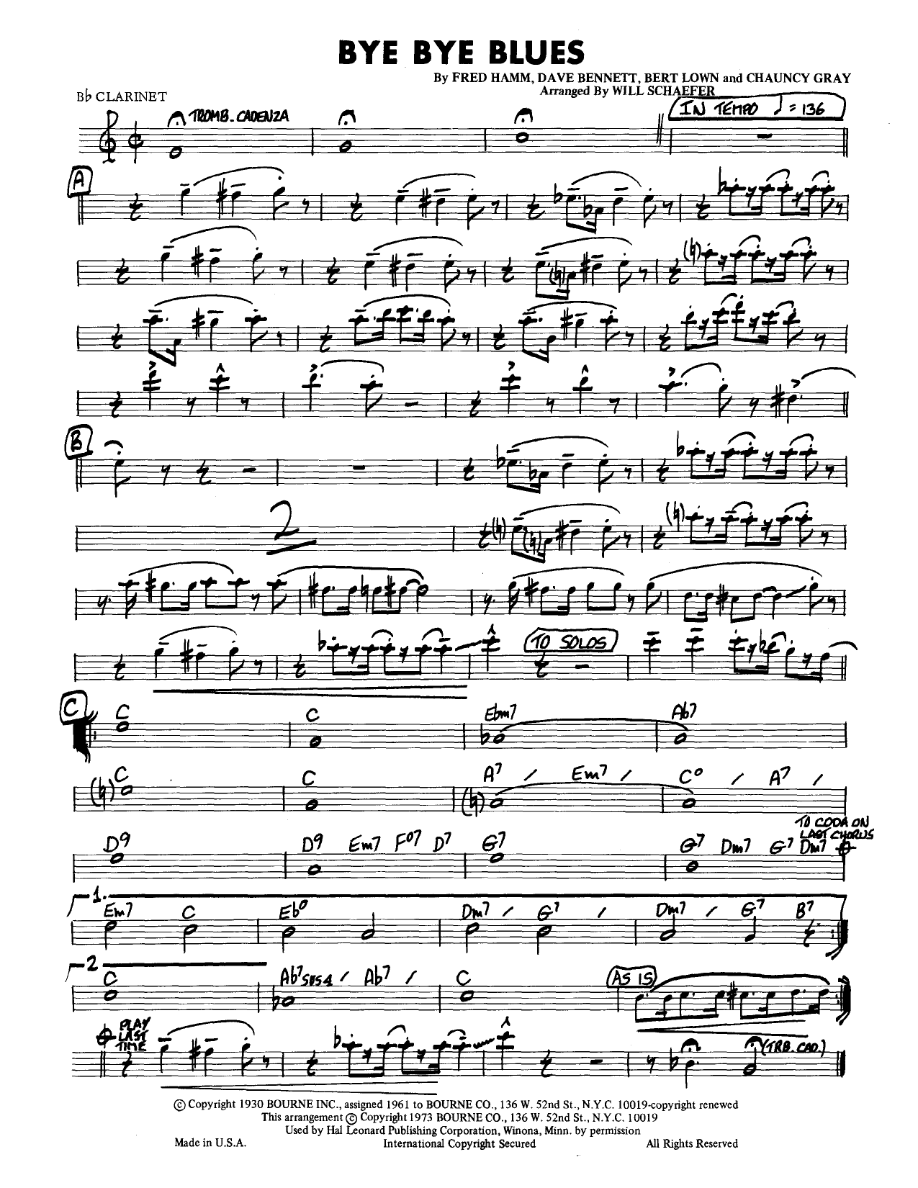 Bye Bye Blues — sheet music cover (first page)