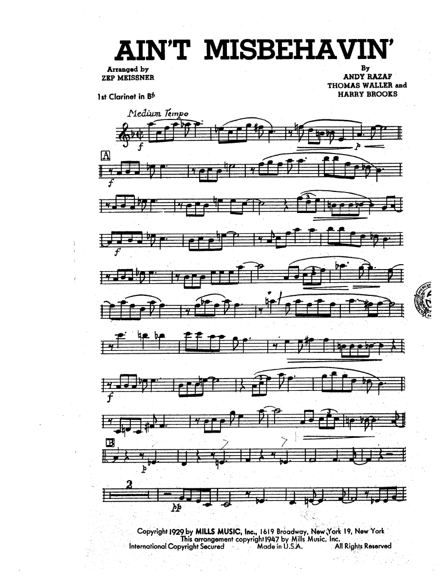 Ain't Mishehavin' — sheet music cover (first page)